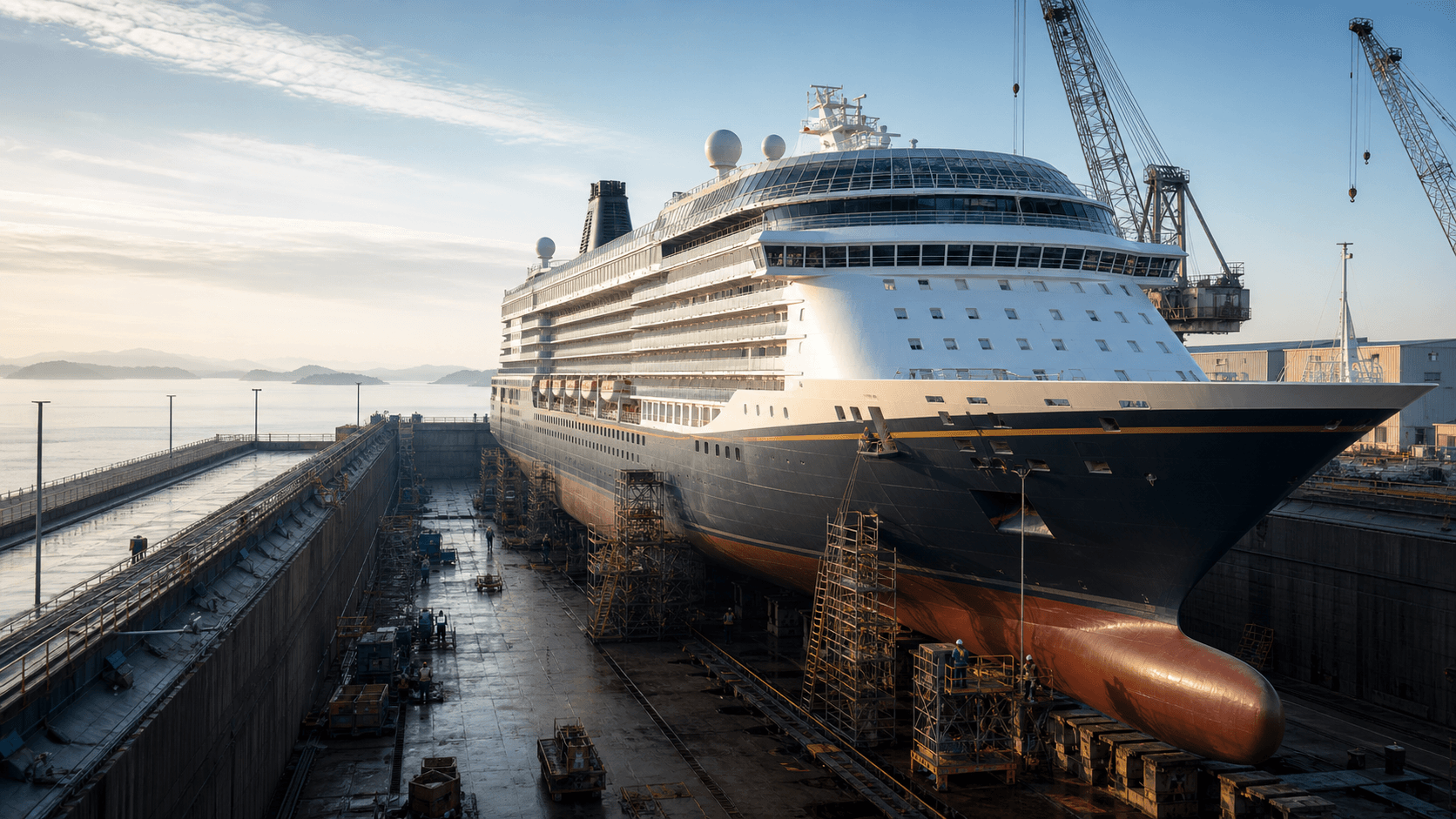 Barco de crucero durante trabajos de inspección y mantenimiento en un astillero
